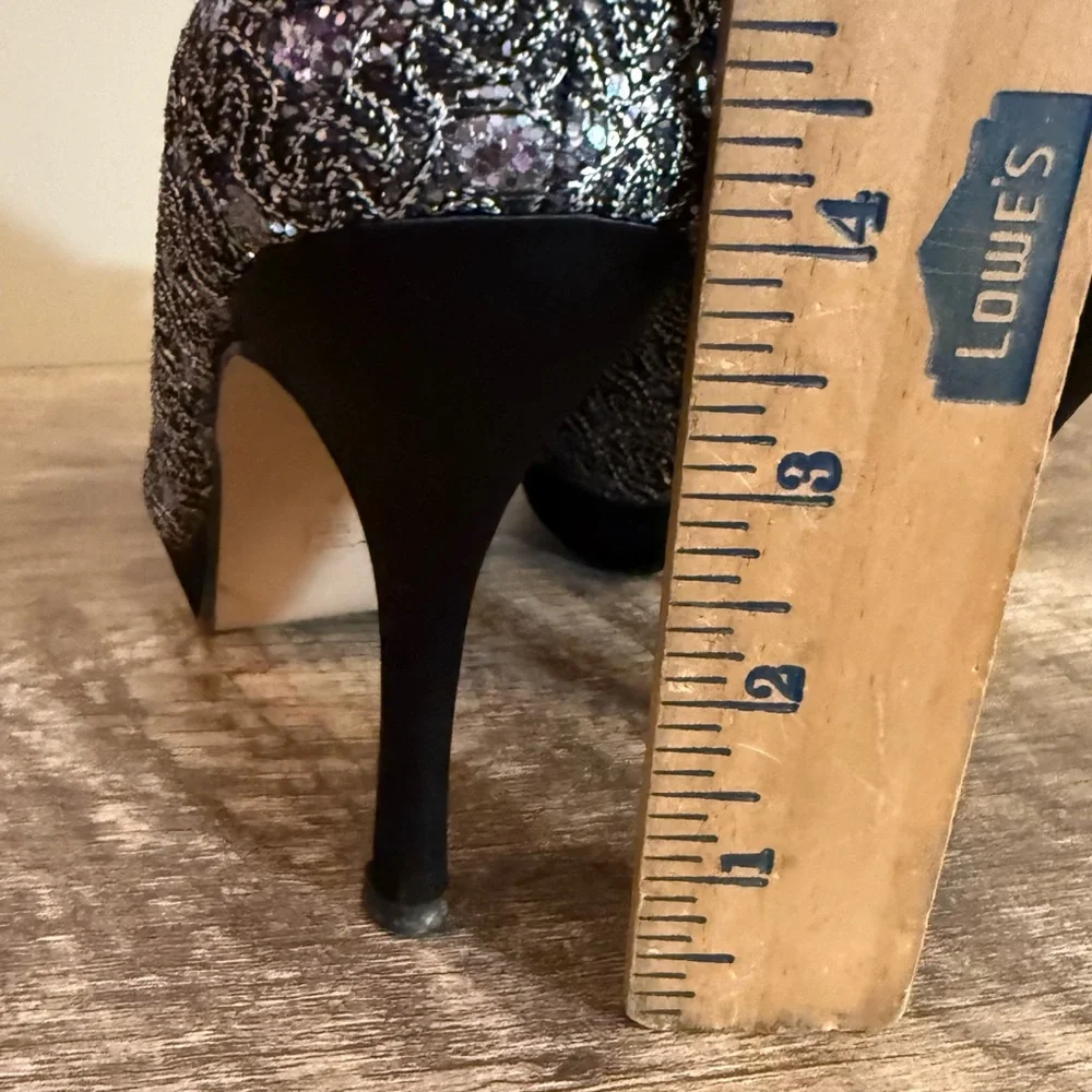 Caparros Peep Toe Formal Platform High Heels Shoes Silver Black Sparkle Size 6